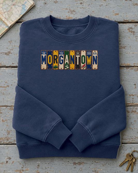 Morgantown, West Virginia vintage license plate sweatshirt in True Navy