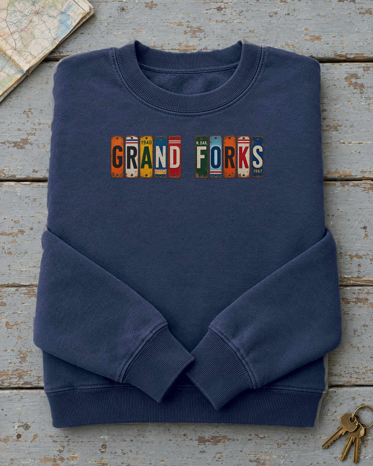 Grand Forks, North Dakota vintage license plate sweatshirt in True Navy