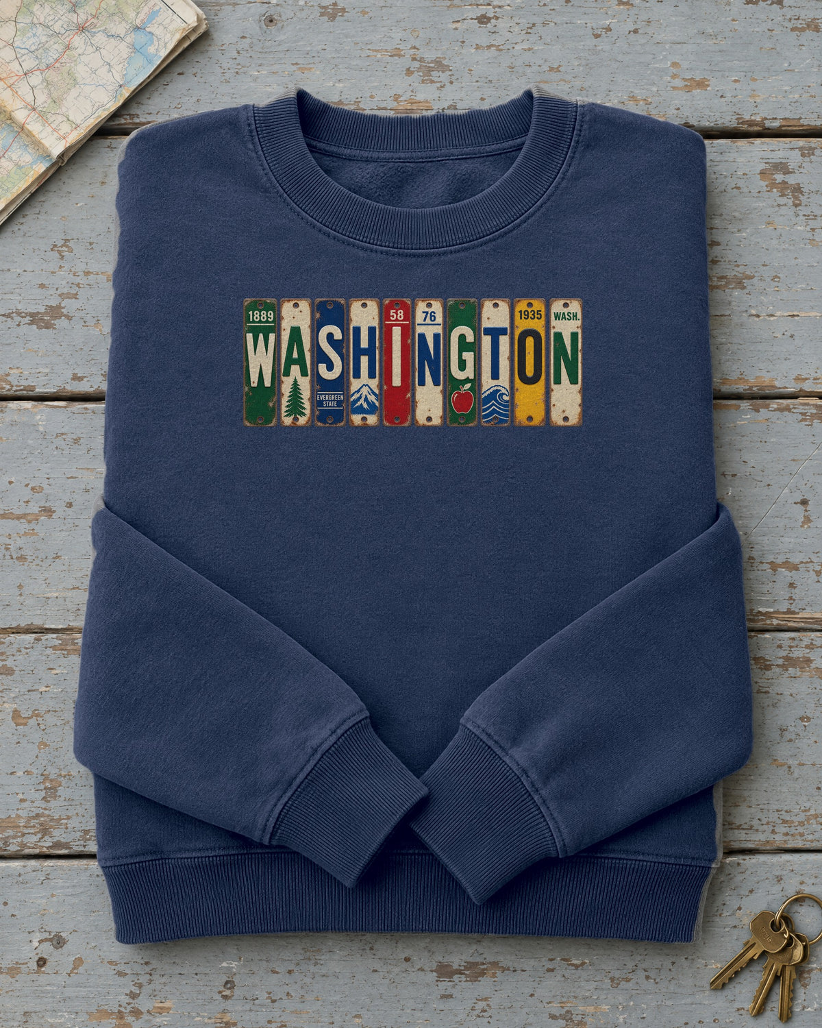 Washington vintage license plate sweatshirt in True Navy