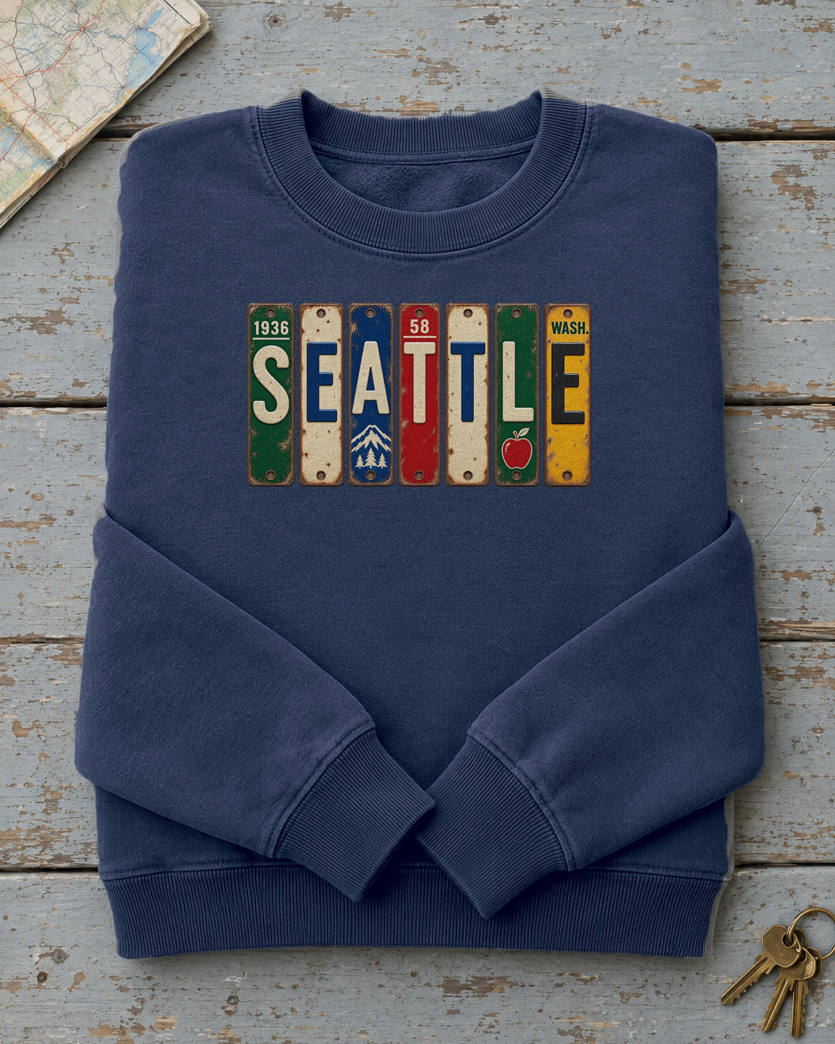 Seattle, Washington vintage license plate sweatshirt in True Navy