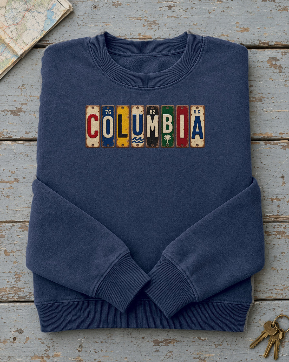 Columbia, South Carolina vintage license plate sweatshirt in True Navy