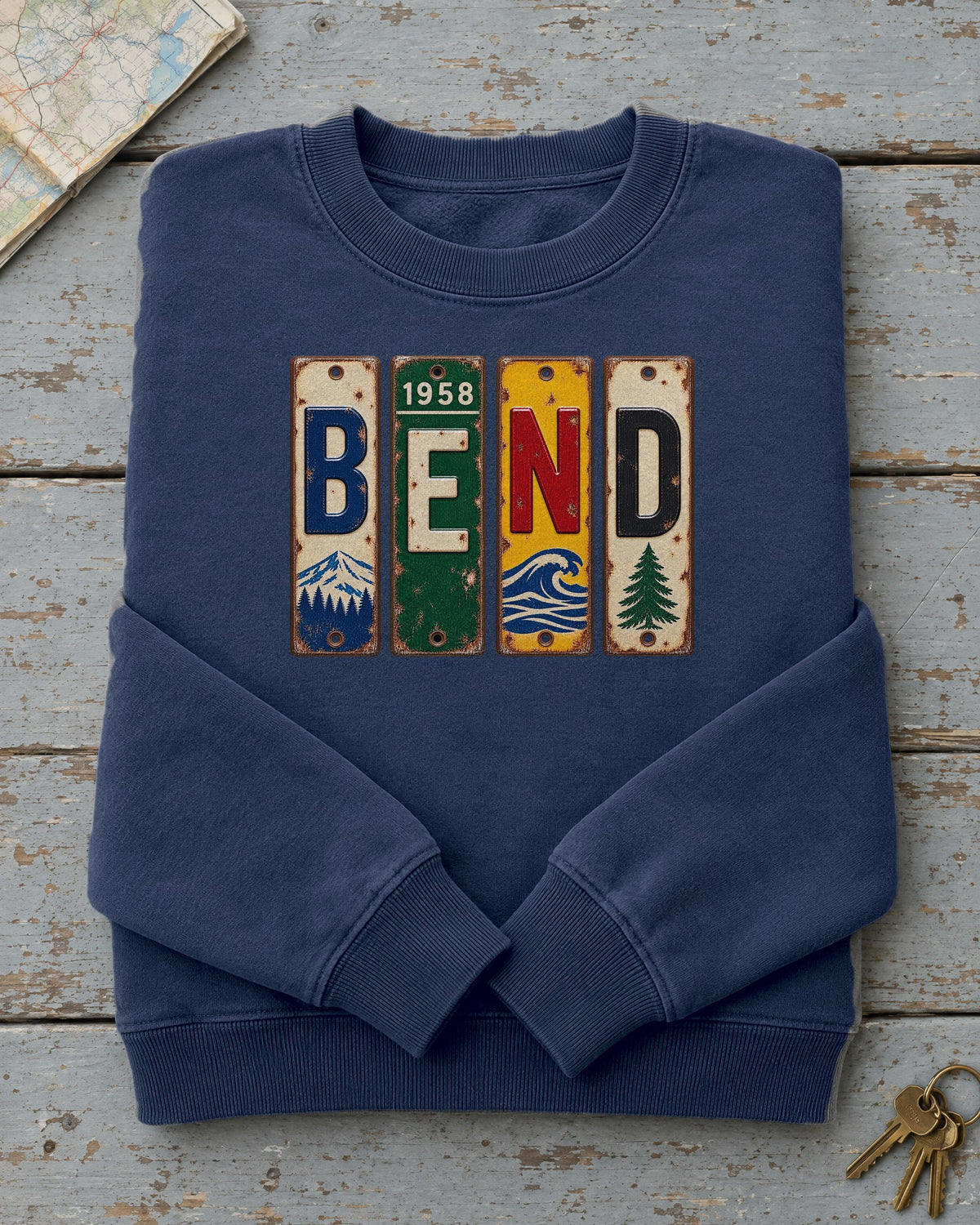 Bend, Oregon vintage license plate sweatshirt in True Navy
