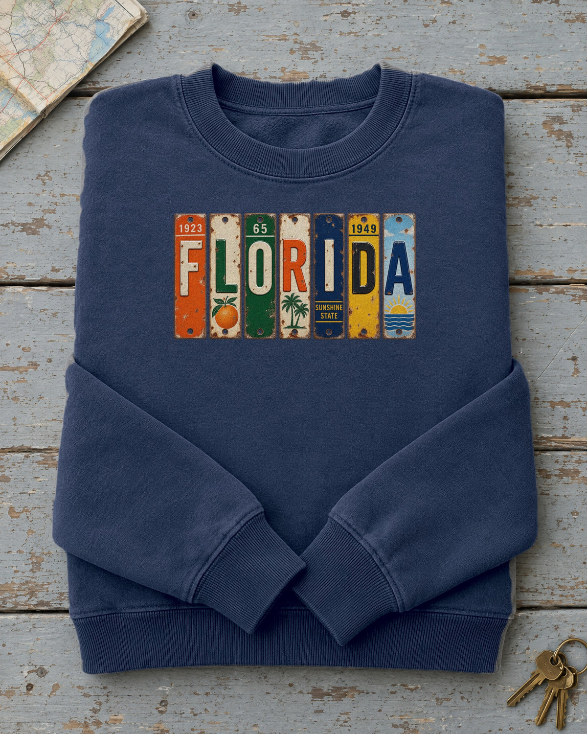 Florida vintage license plate sweatshirt in True Navy