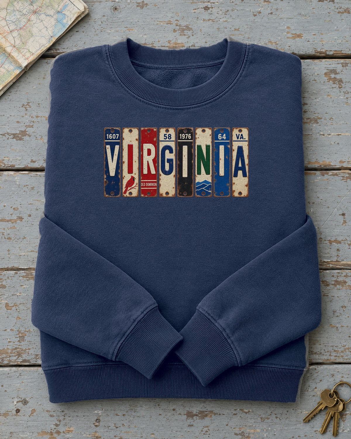Virginia vintage license plate sweatshirt in True Navy