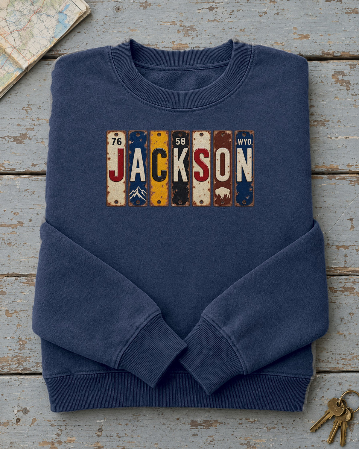 Jackson, Wyoming vintage license plate sweatshirt in True Navy