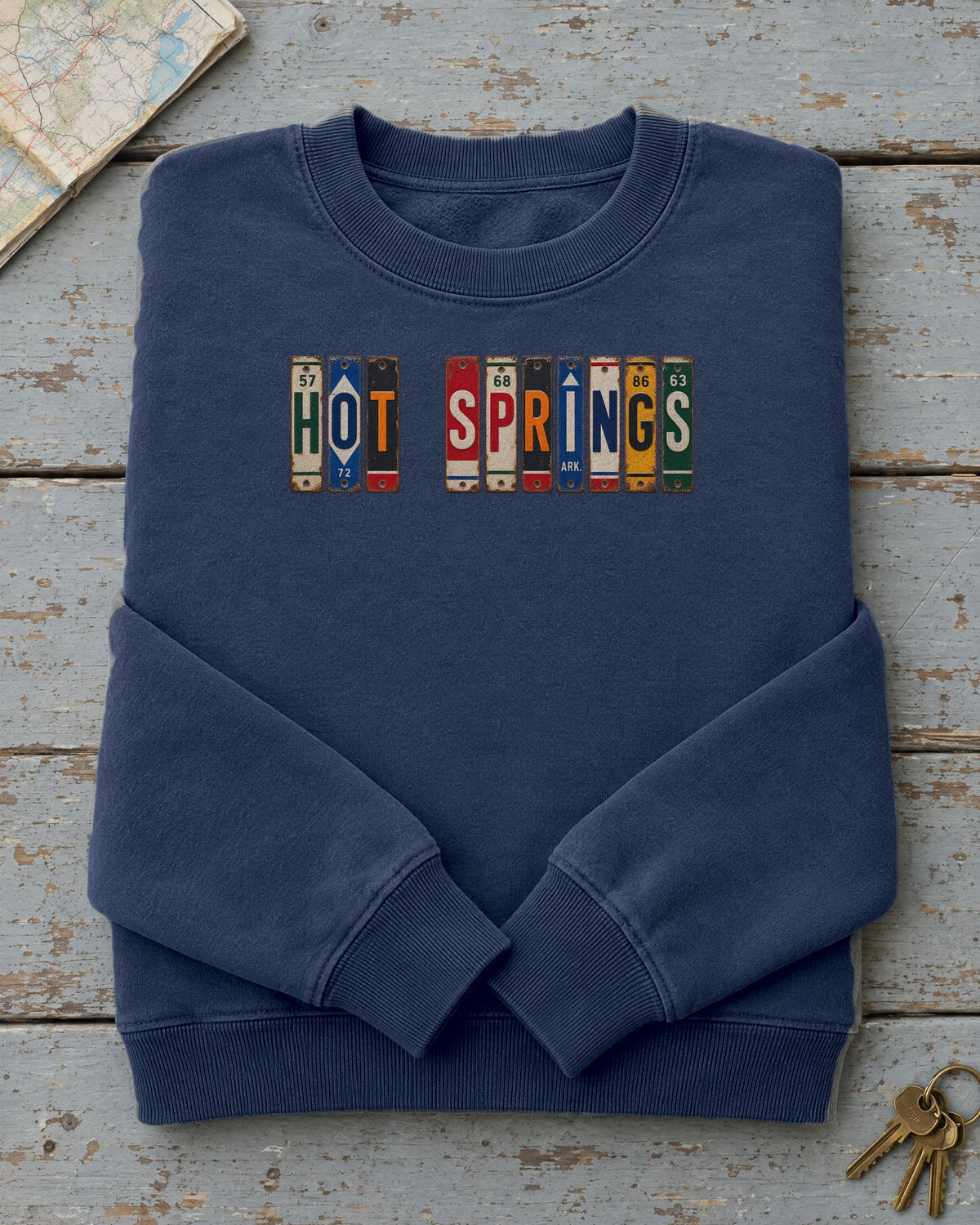 Hot Springs, Arkansas vintage license plate sweatshirt in True Navy