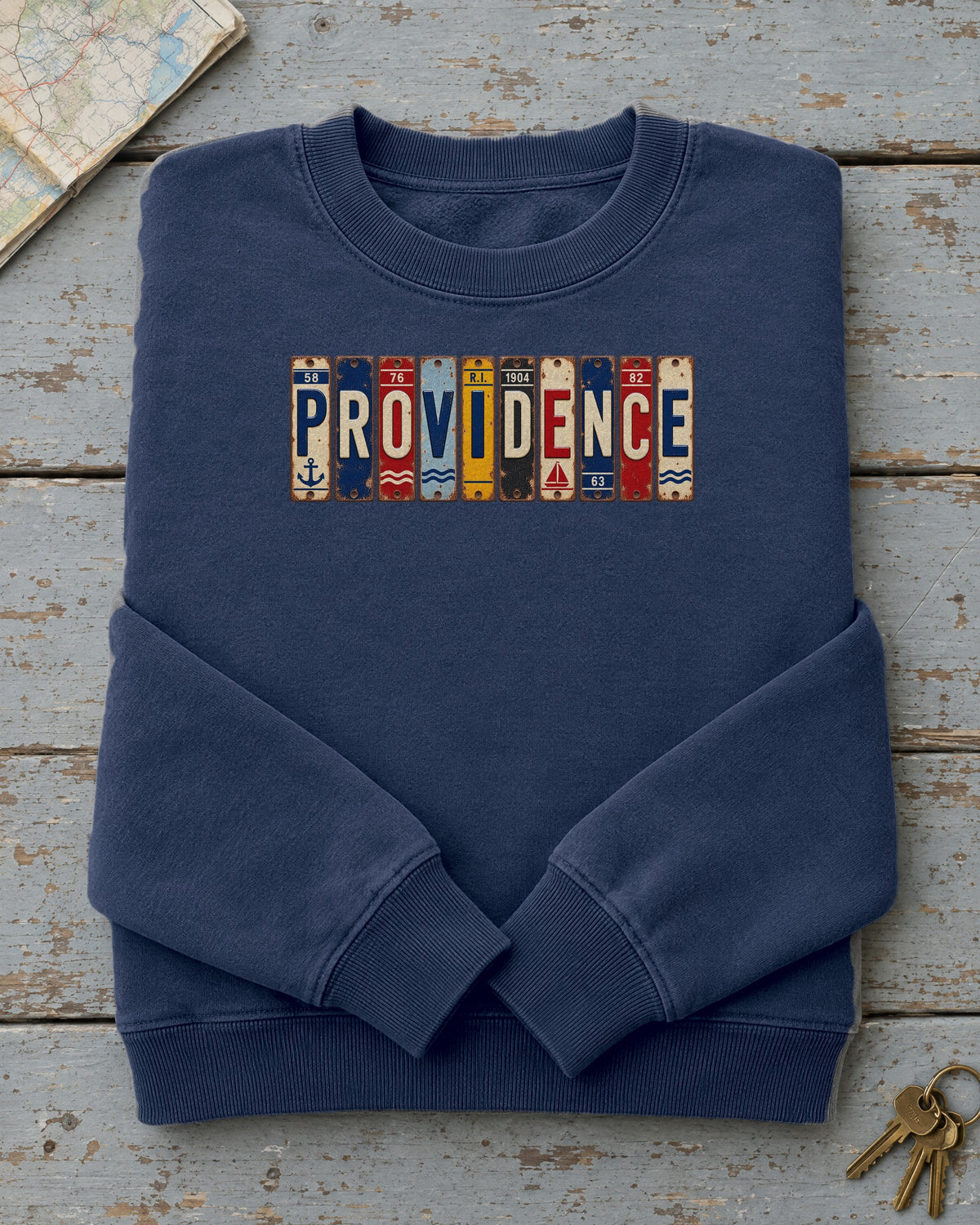Providence, Rhode Island vintage license plate sweatshirt in True Navy