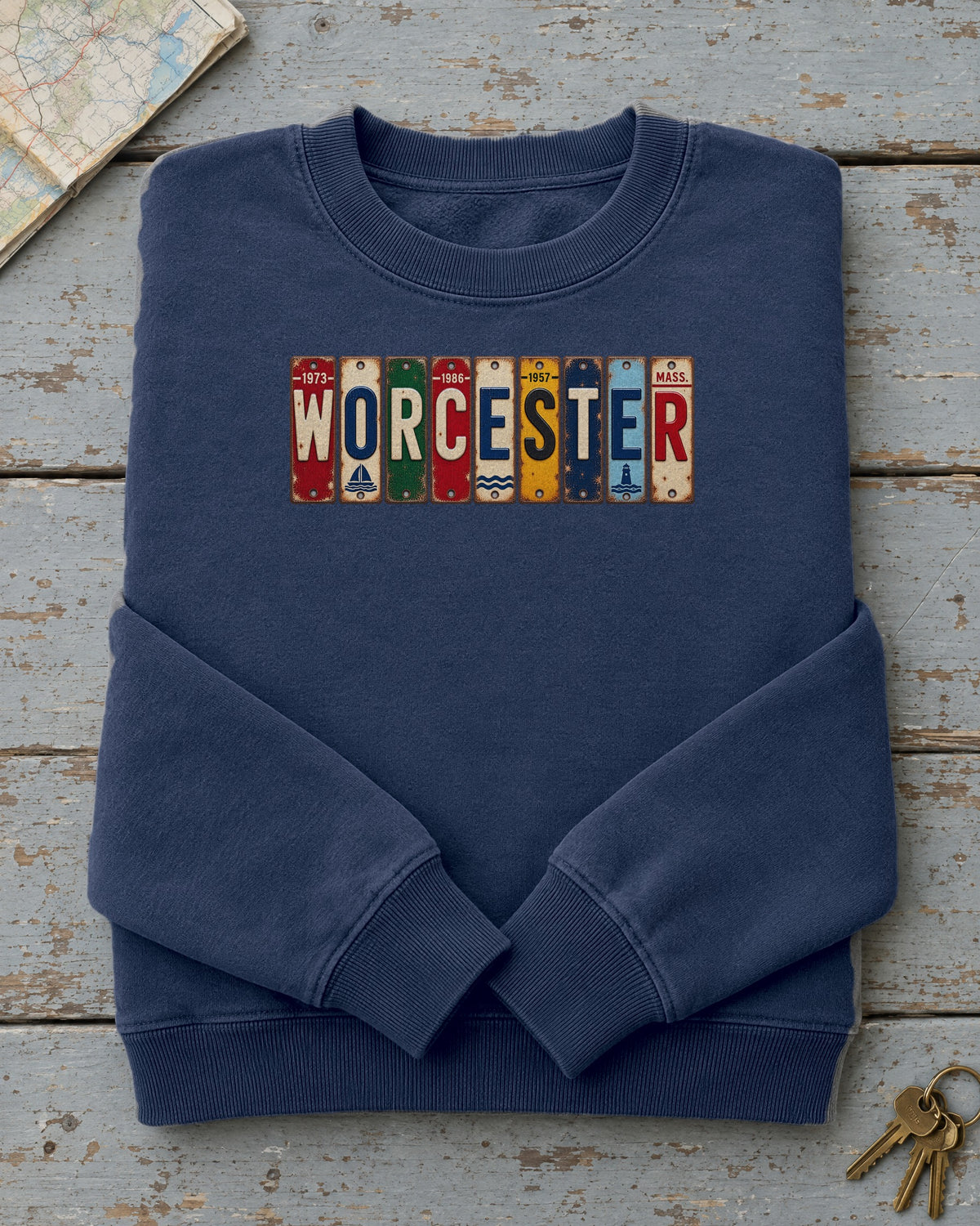 Worcester, Massachusetts vintage license plate sweatshirt in True Navy