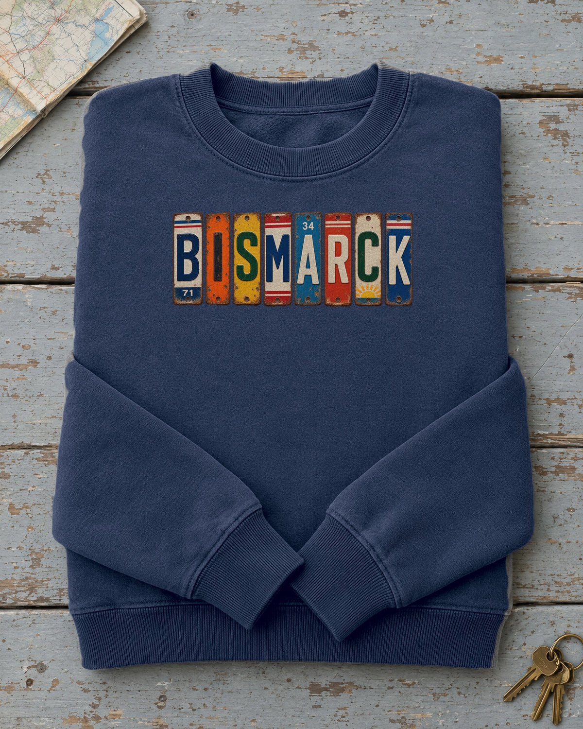 Bismarck, North Dakota vintage license plate sweatshirt in True Navy