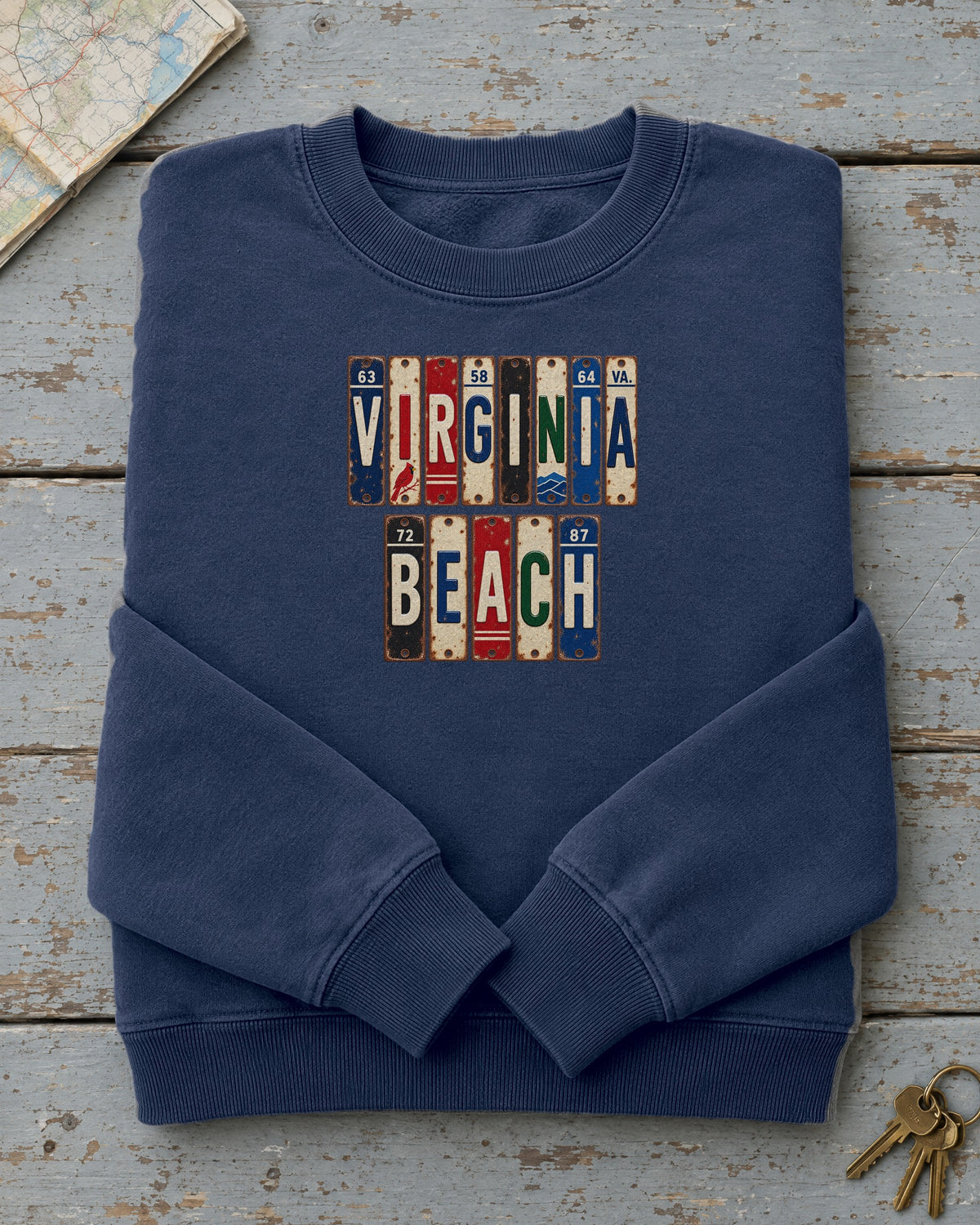 Virginia Beach, Virginia vintage license plate sweatshirt in True Navy