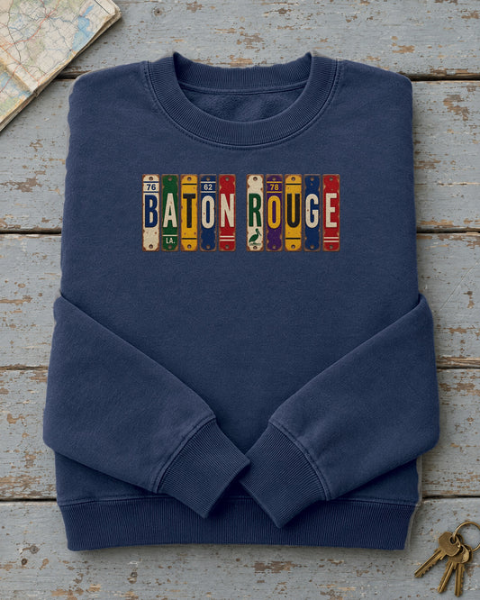 Baton Rouge, Louisiana vintage license plate sweatshirt in True Navy