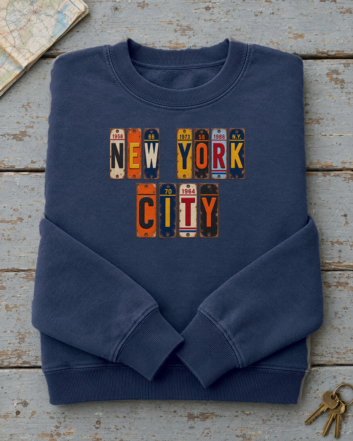 New York City, New York vintage license plate sweatshirt in True Navy