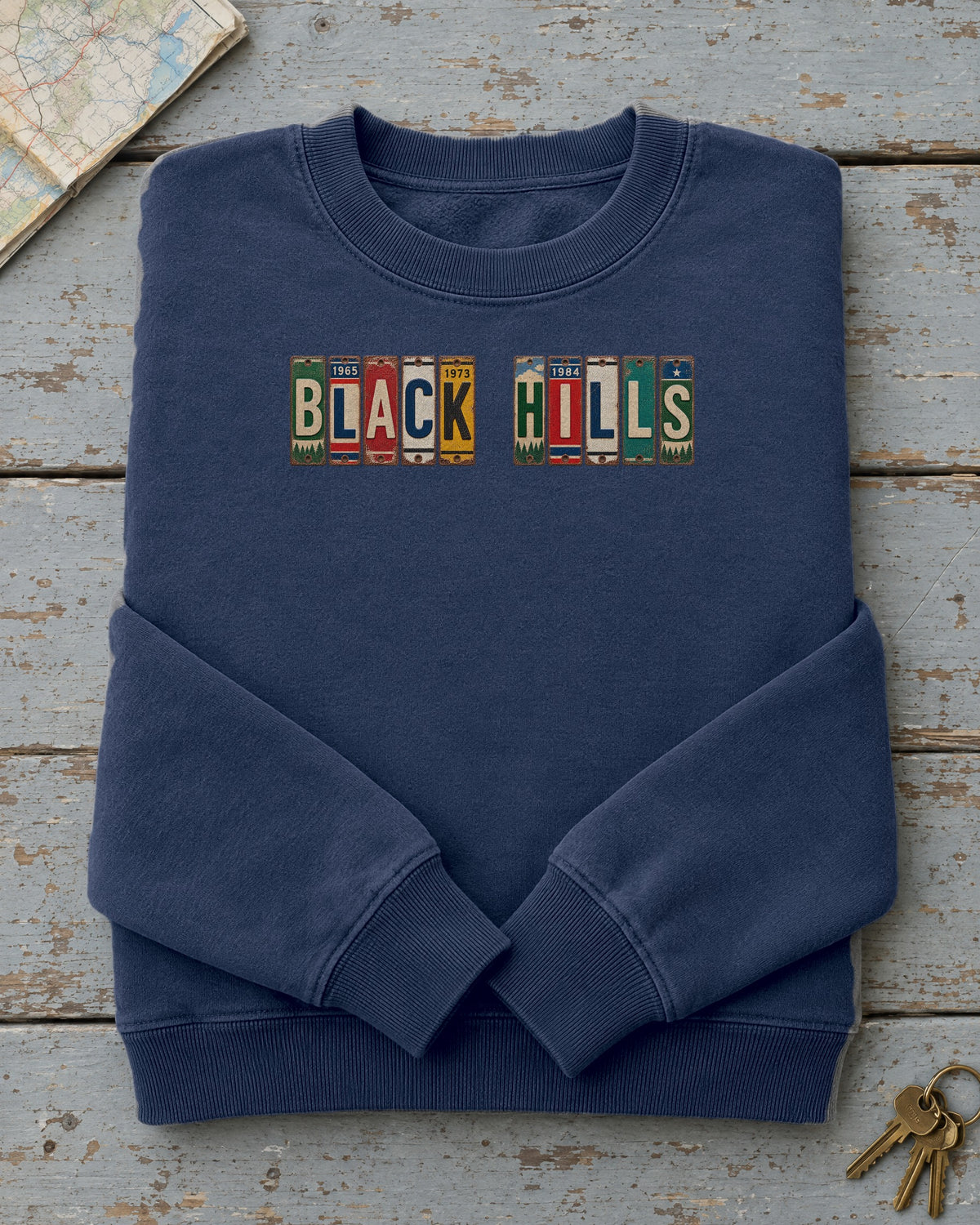 Black Hills, South Dakota vintage license plate sweatshirt in True Navy