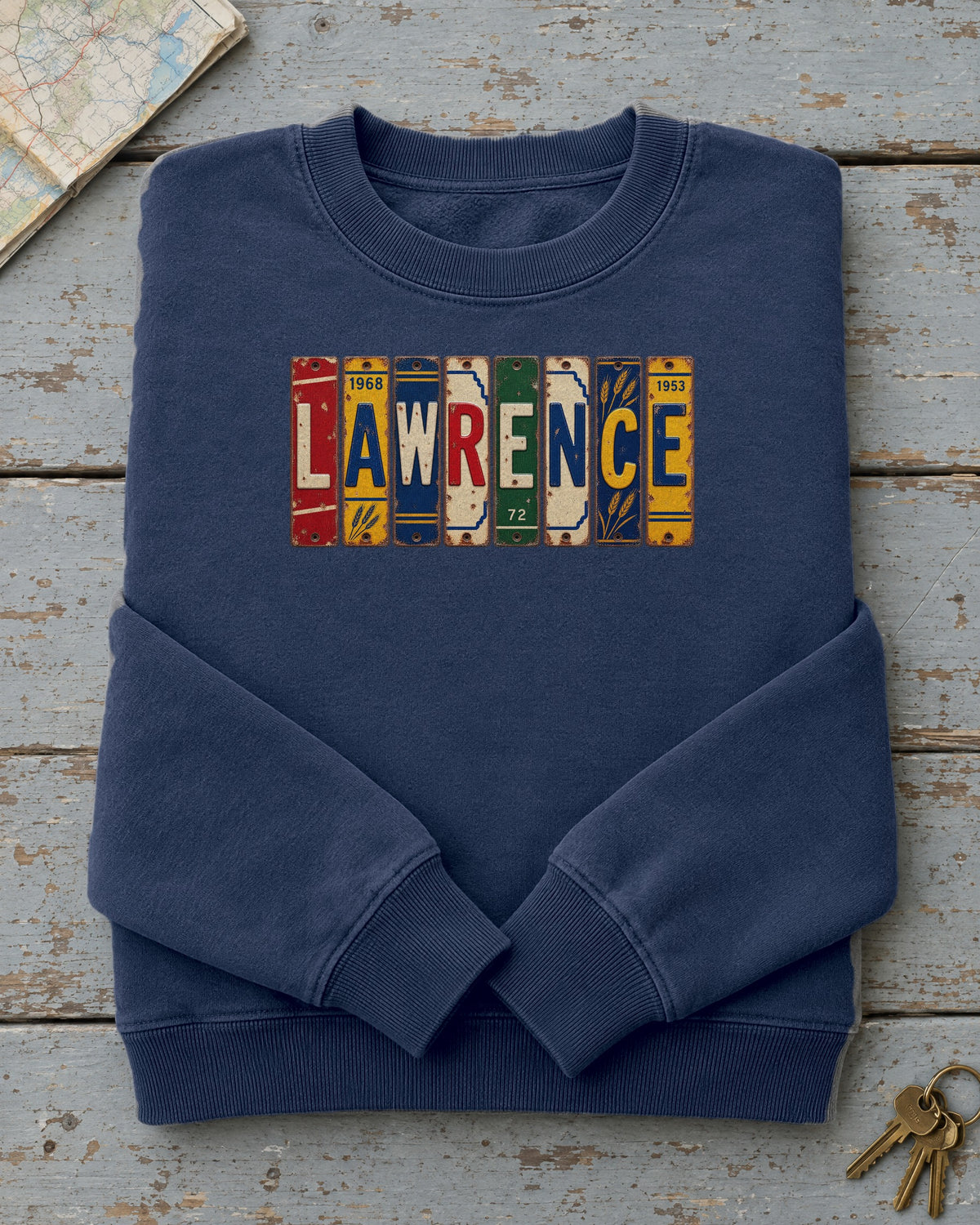 Lawrence, Kansas vintage license plate sweatshirt in True Navy