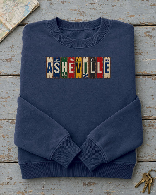 Asheville, North Carolina vintage license plate sweatshirt in True Navy