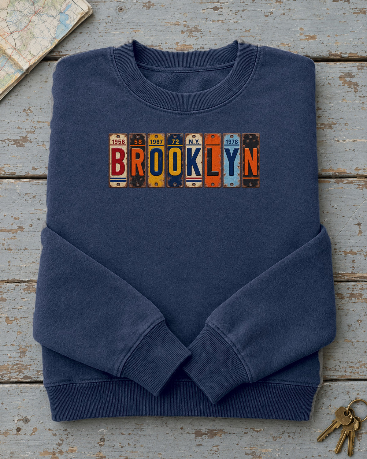 Brooklyn, New York vintage license plate sweatshirt in True Navy