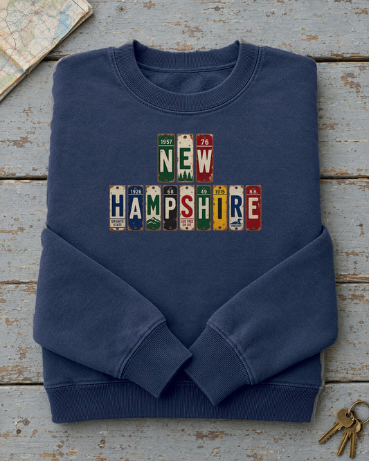 New Hampshire vintage license plate sweatshirt in True Navy