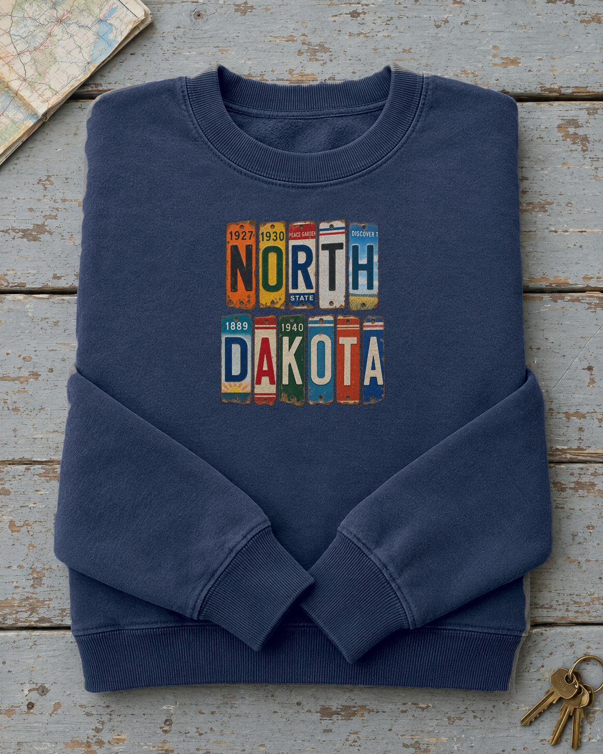 North Dakota vintage license plate sweatshirt in True Navy
