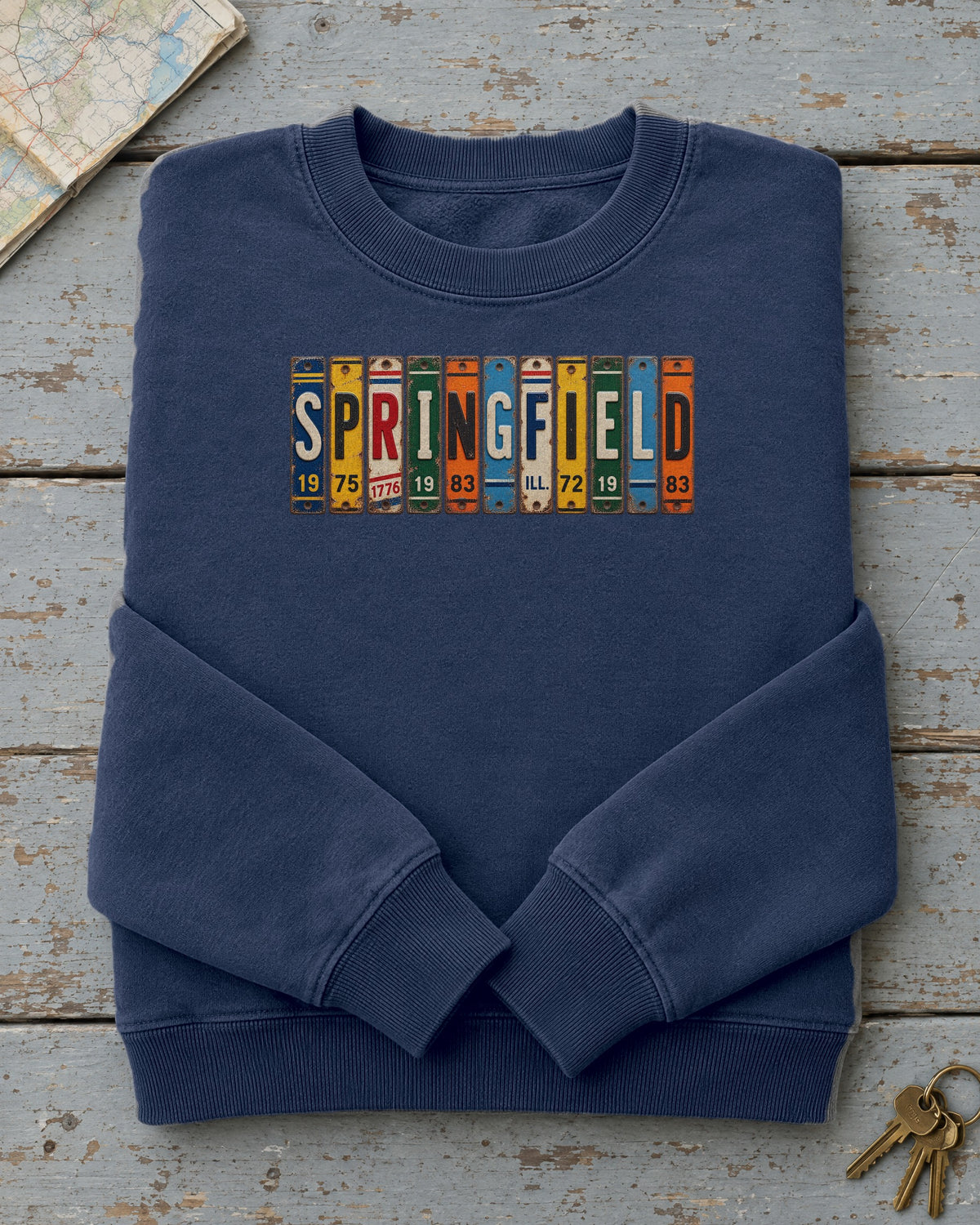 Springfield, Illinois vintage license plate sweatshirt in True Navy