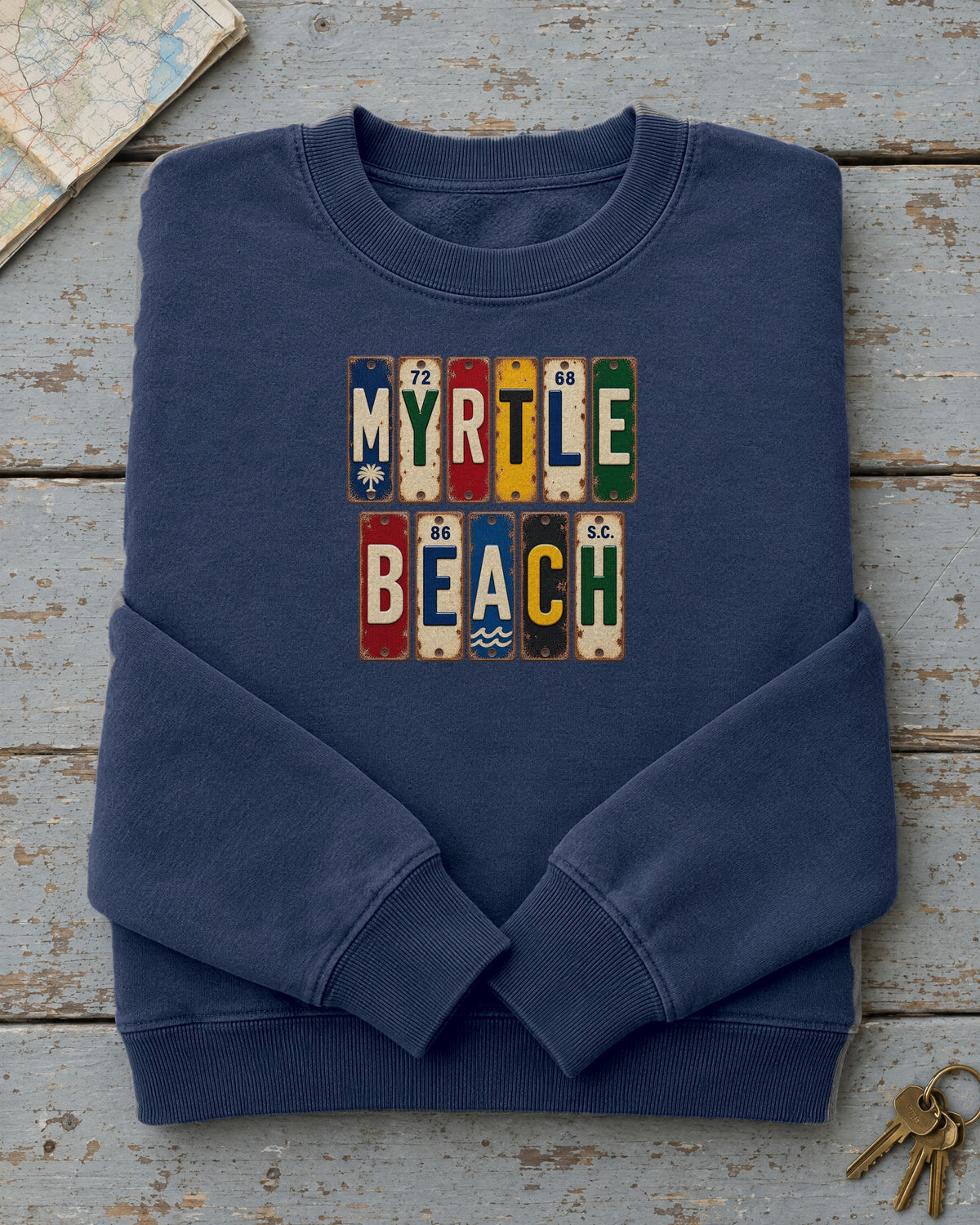 Myrtle Beach, South Carolina vintage license plate sweatshirt in True Navy