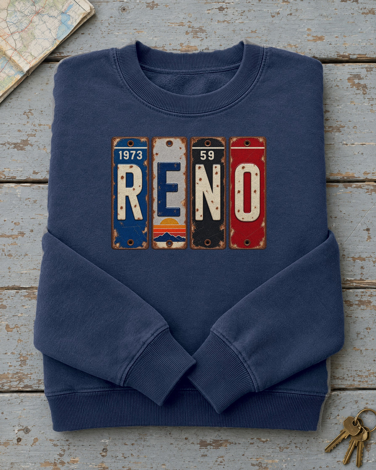 Reno, Nevada vintage license plate sweatshirt in True Navy