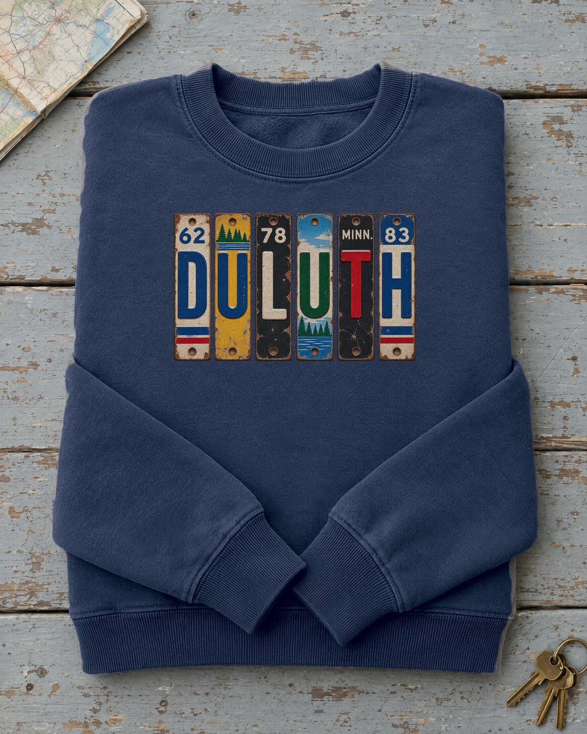 Duluth, Minnesota vintage license plate sweatshirt in True Navy