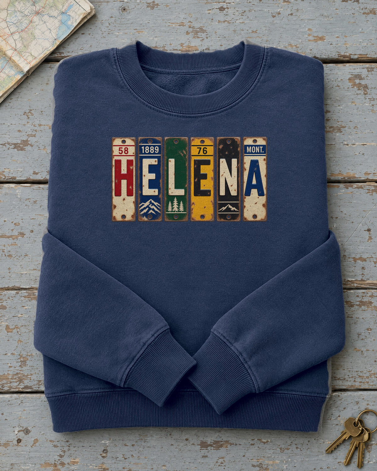 Helena, Montana vintage license plate sweatshirt in True Navy