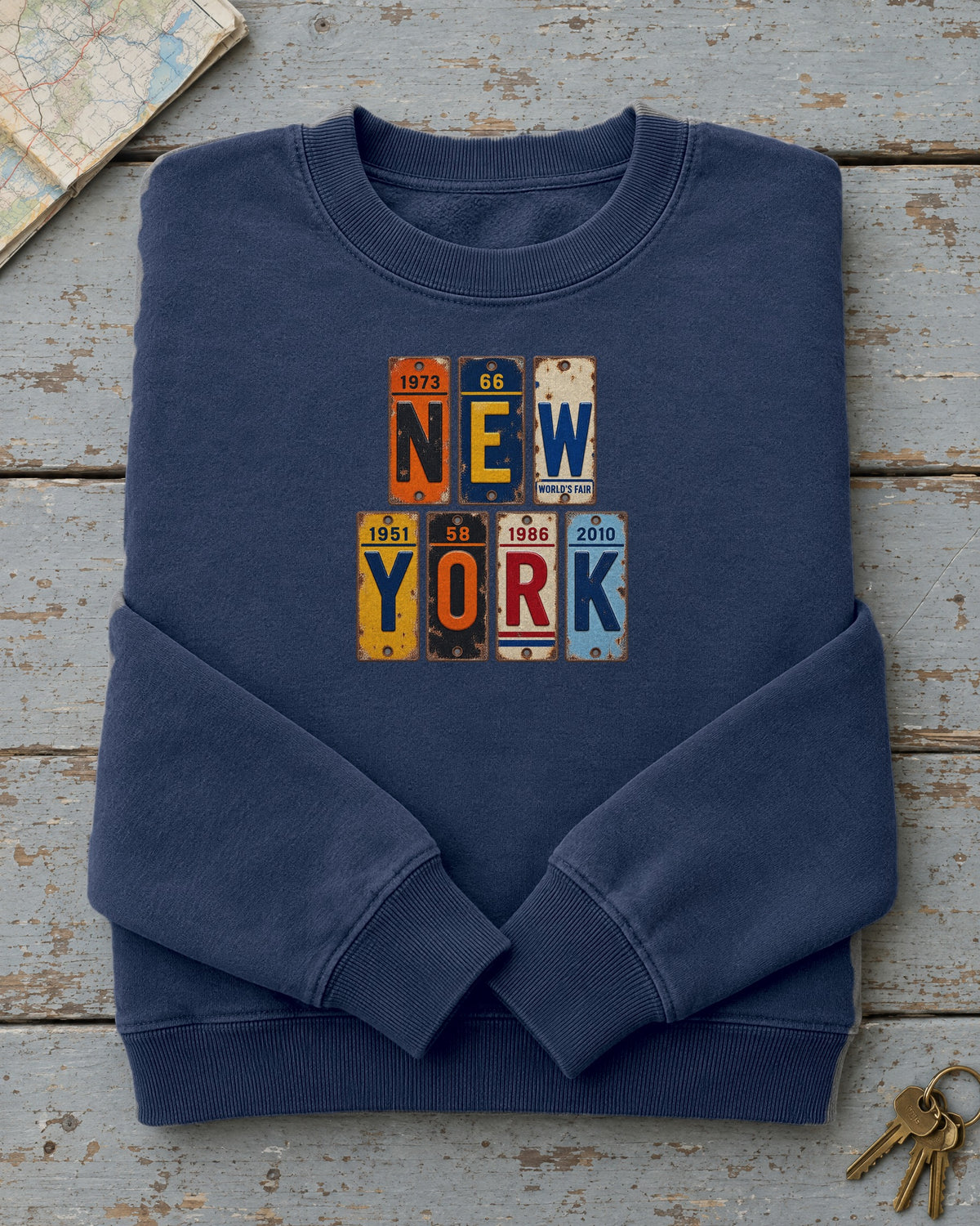 New York vintage license plate sweatshirt in True Navy