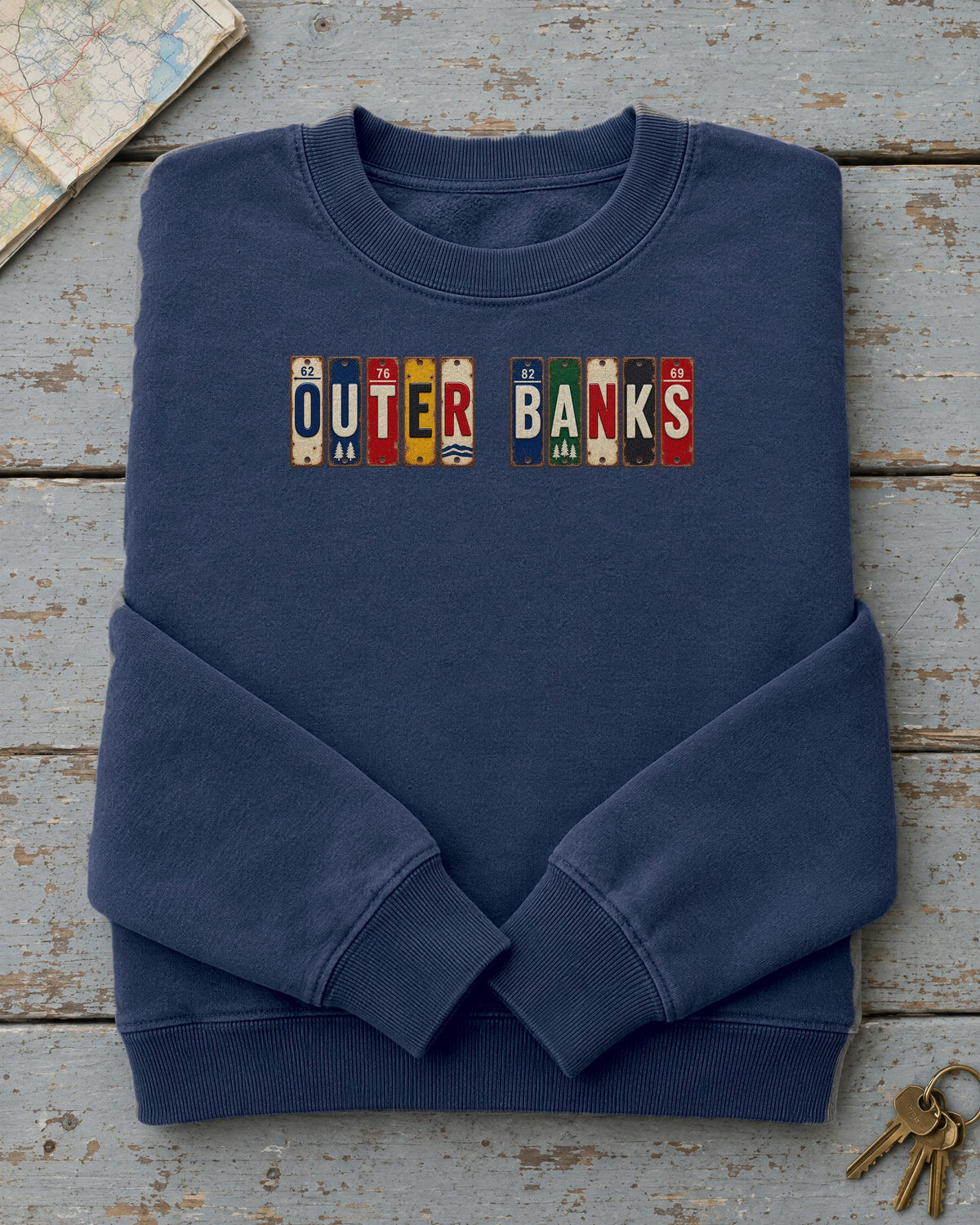 Outer Banks, North Carolina vintage license plate sweatshirt in True Navy