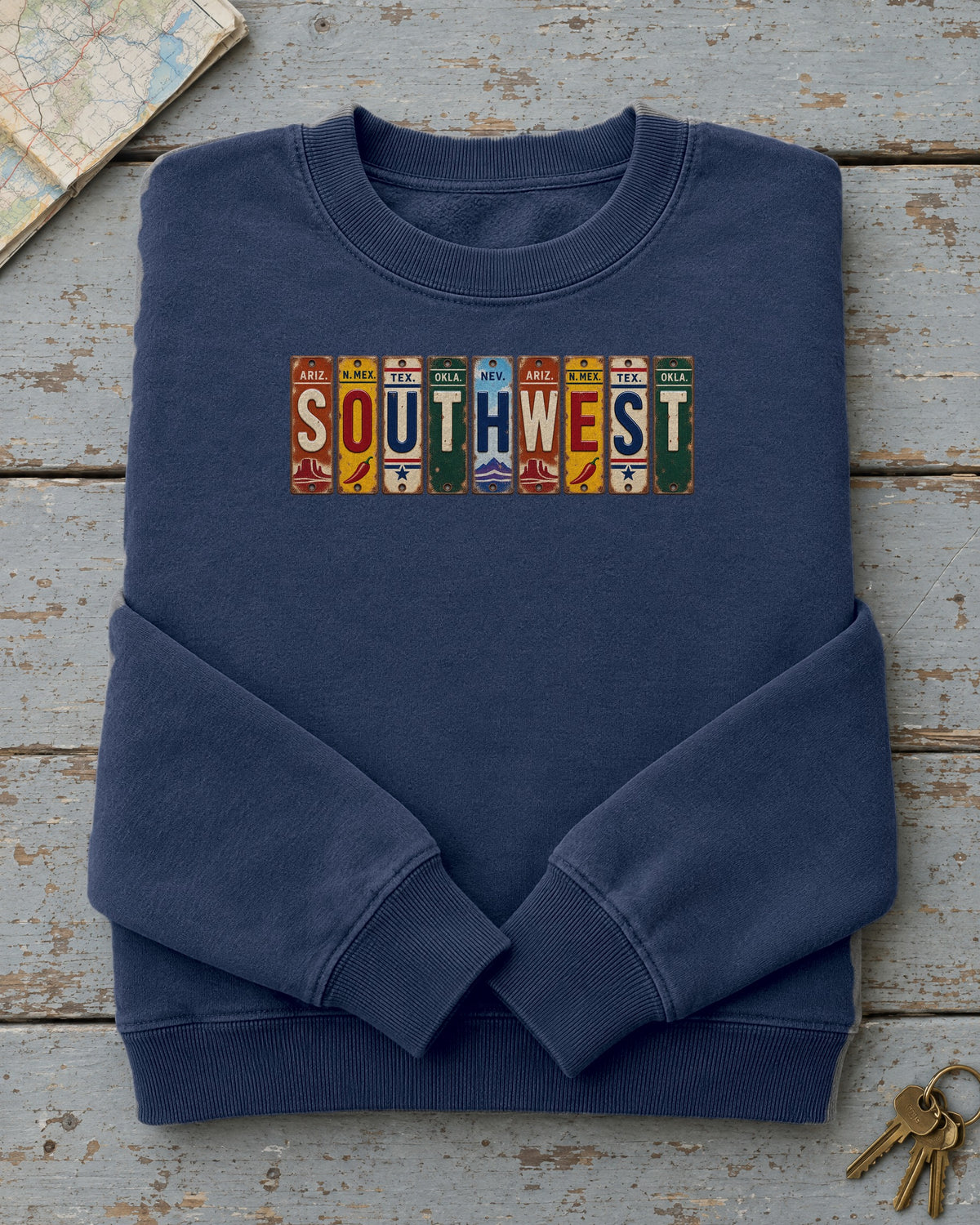 Southwest vintage license plate sweatshirt in True Navy