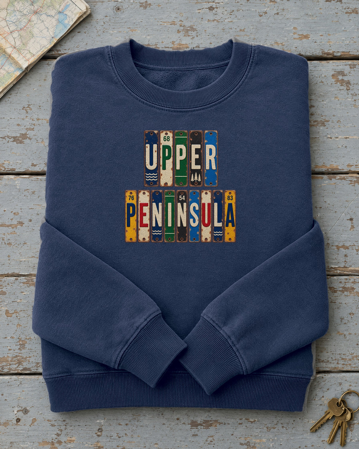 Upper Peninsula, Michigan vintage license plate sweatshirt in True Navy