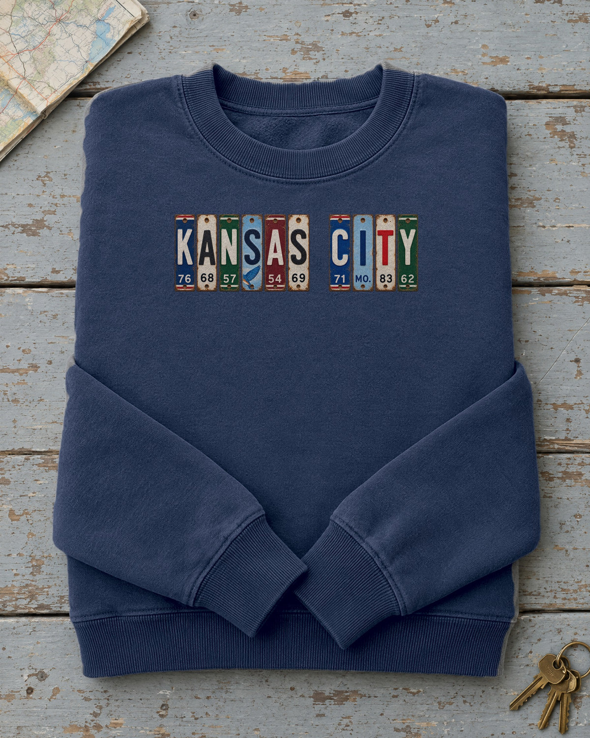 Kansas City, Missouri vintage license plate sweatshirt in True Navy