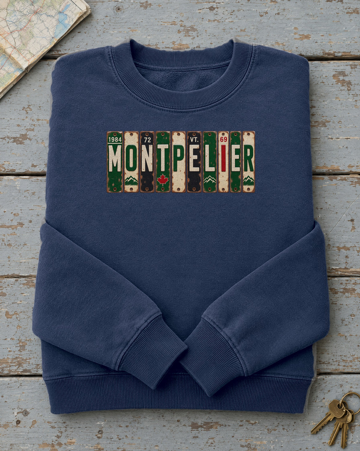 Montpelier, Vermont vintage license plate sweatshirt in True Navy
