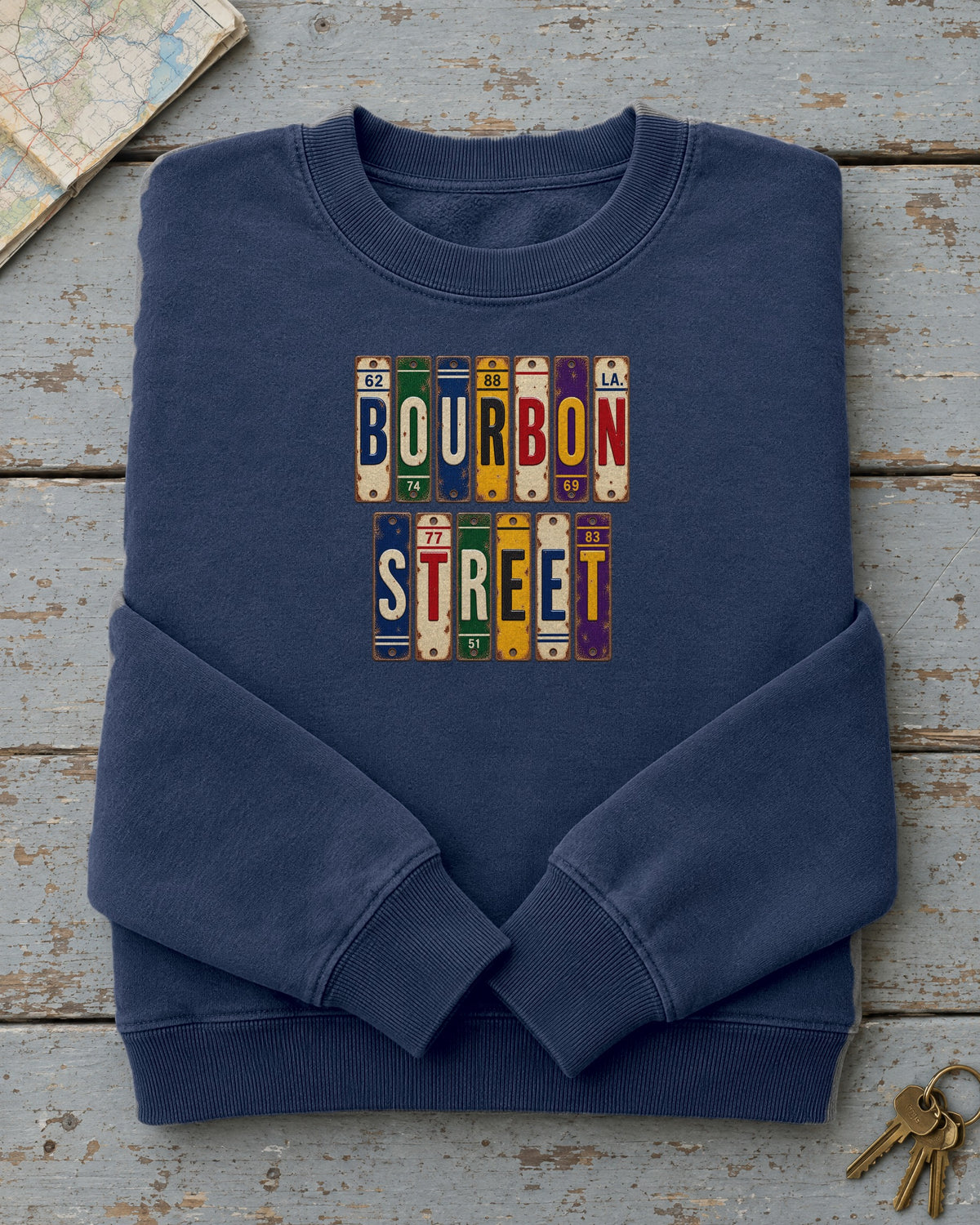 Bourbon Street, Louisiana vintage license plate sweatshirt in True Navy