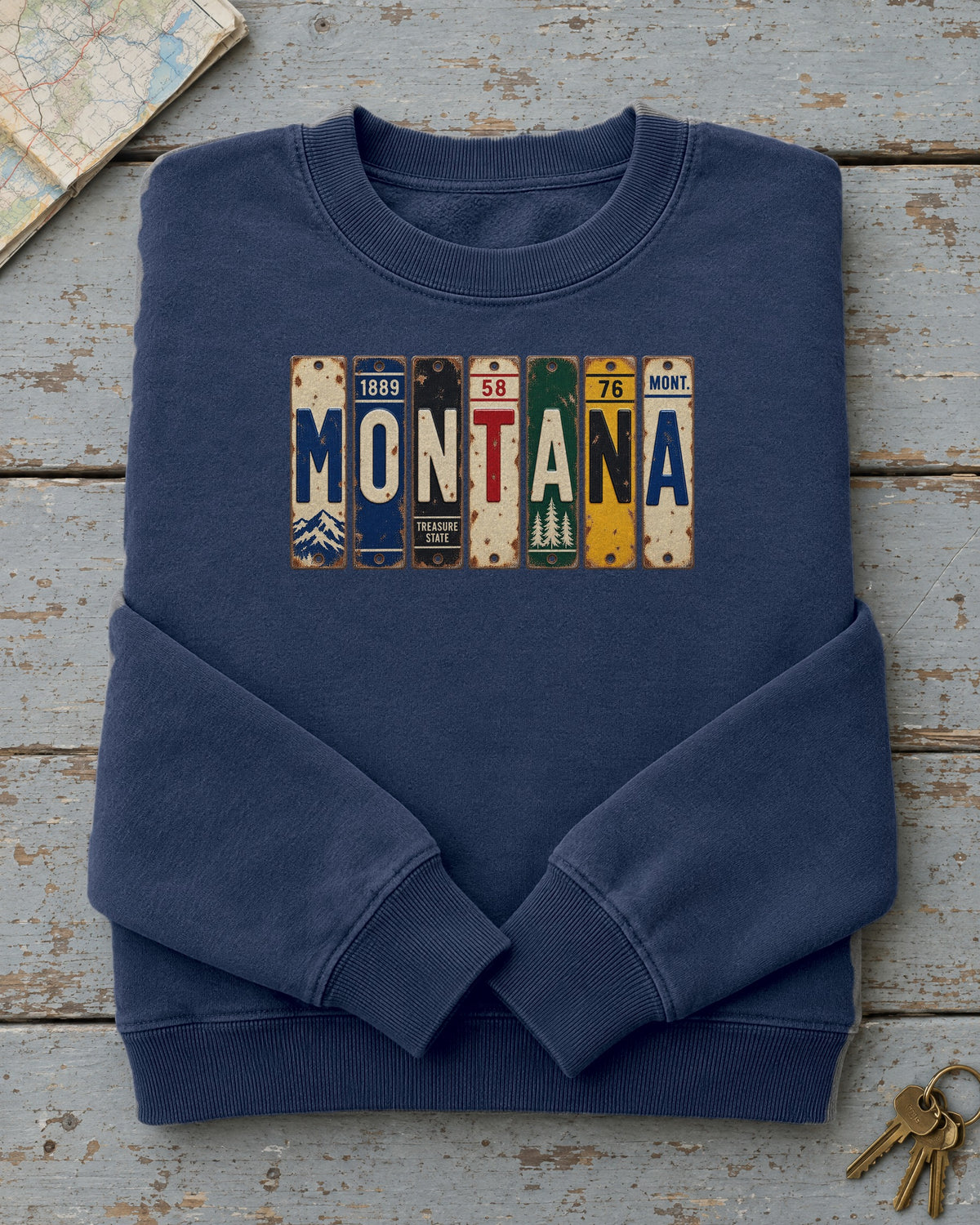 Montana vintage license plate sweatshirt in True Navy