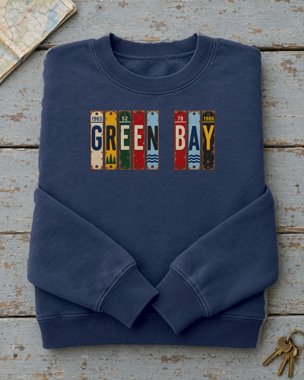 Green Bay, Wisconsin vintage license plate sweatshirt in True Navy