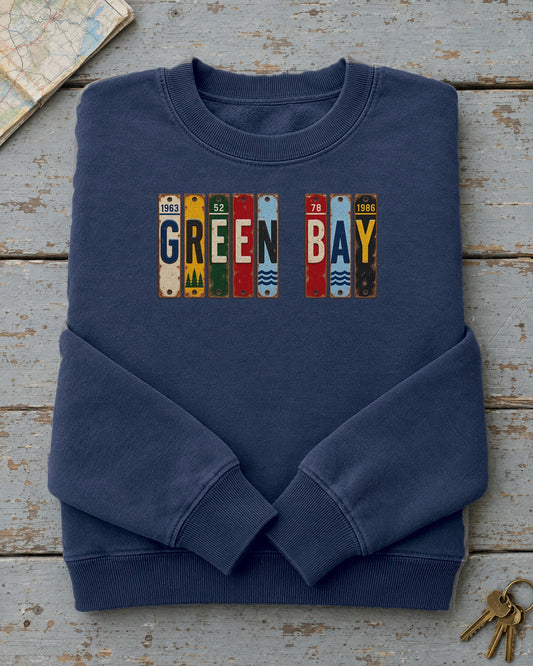 Green Bay, Wisconsin vintage license plate sweatshirt in True Navy