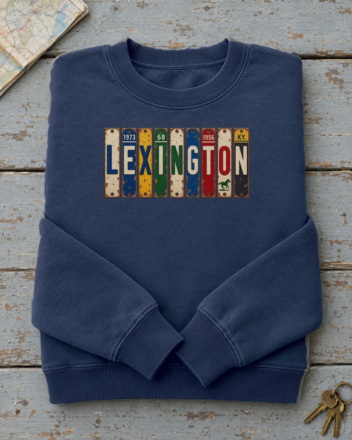Lexington, Kentucky vintage license plate sweatshirt in True Navy