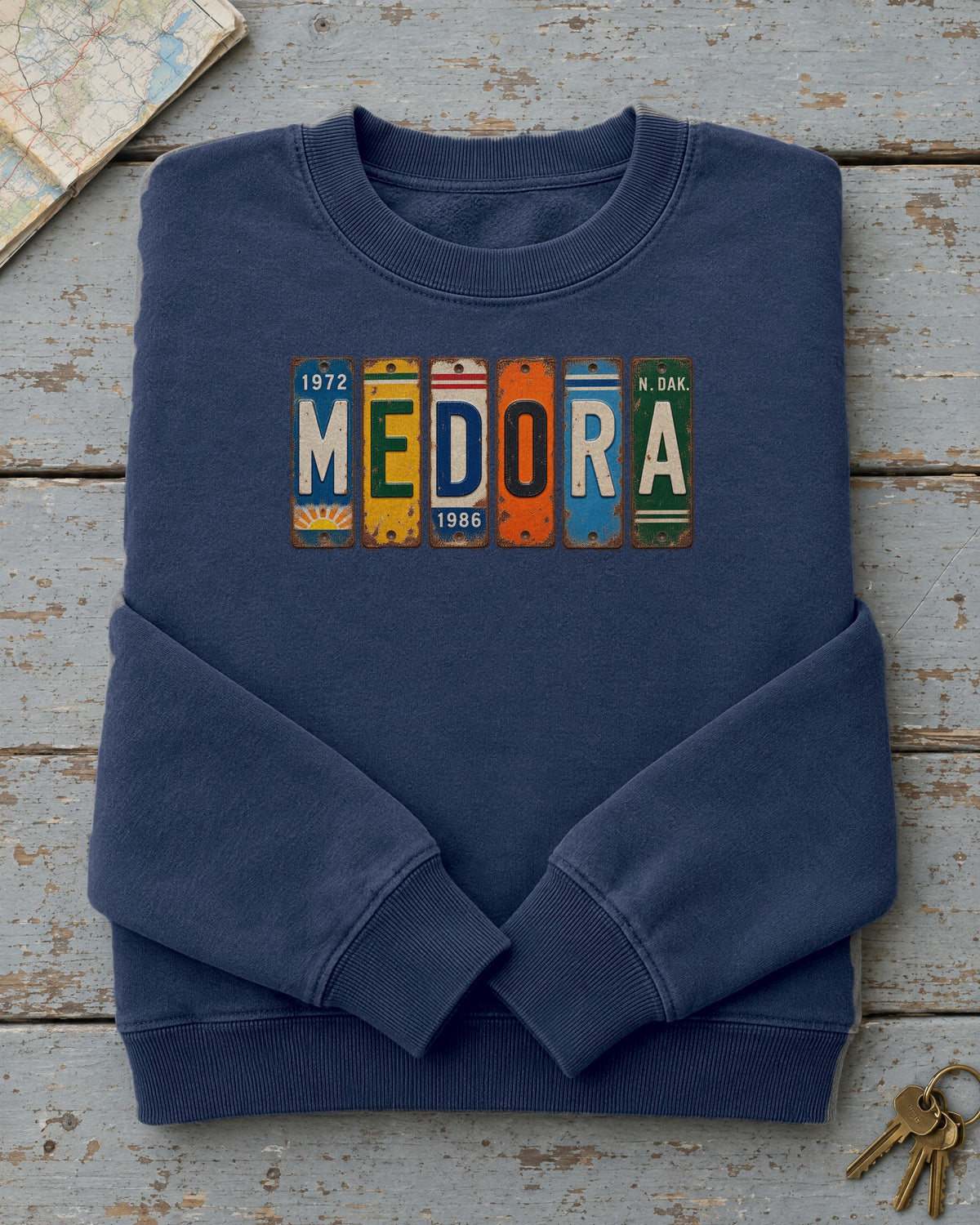 Medora, North Dakota vintage license plate sweatshirt in True Navy