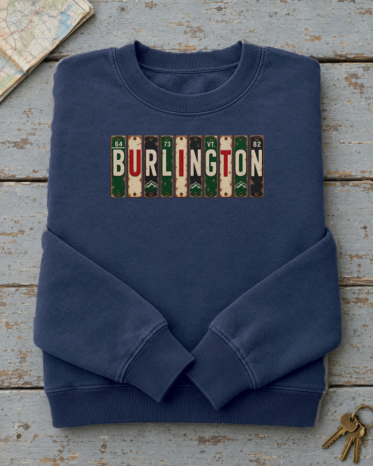 Burlington, Vermont vintage license plate sweatshirt in True Navy