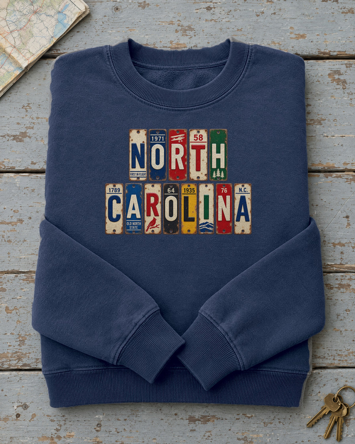 North Carolina vintage license plate sweatshirt in True Navy