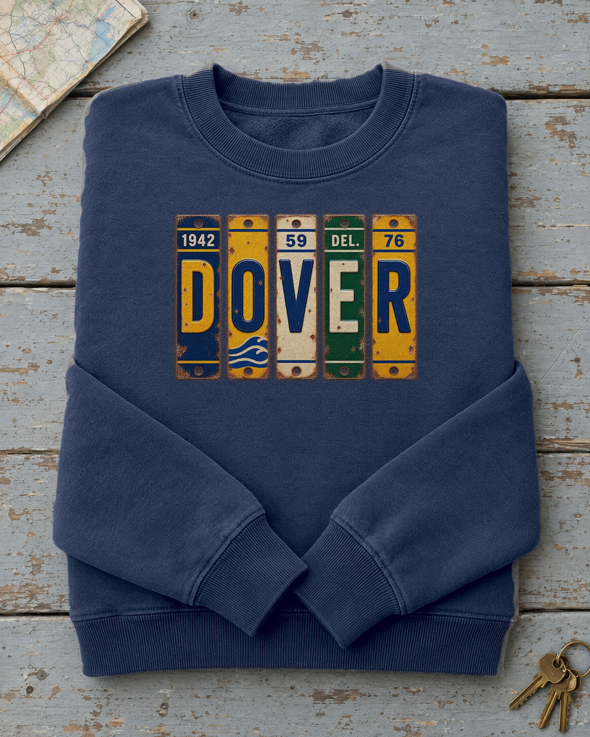 Dover, Delaware vintage license plate sweatshirt in True Navy