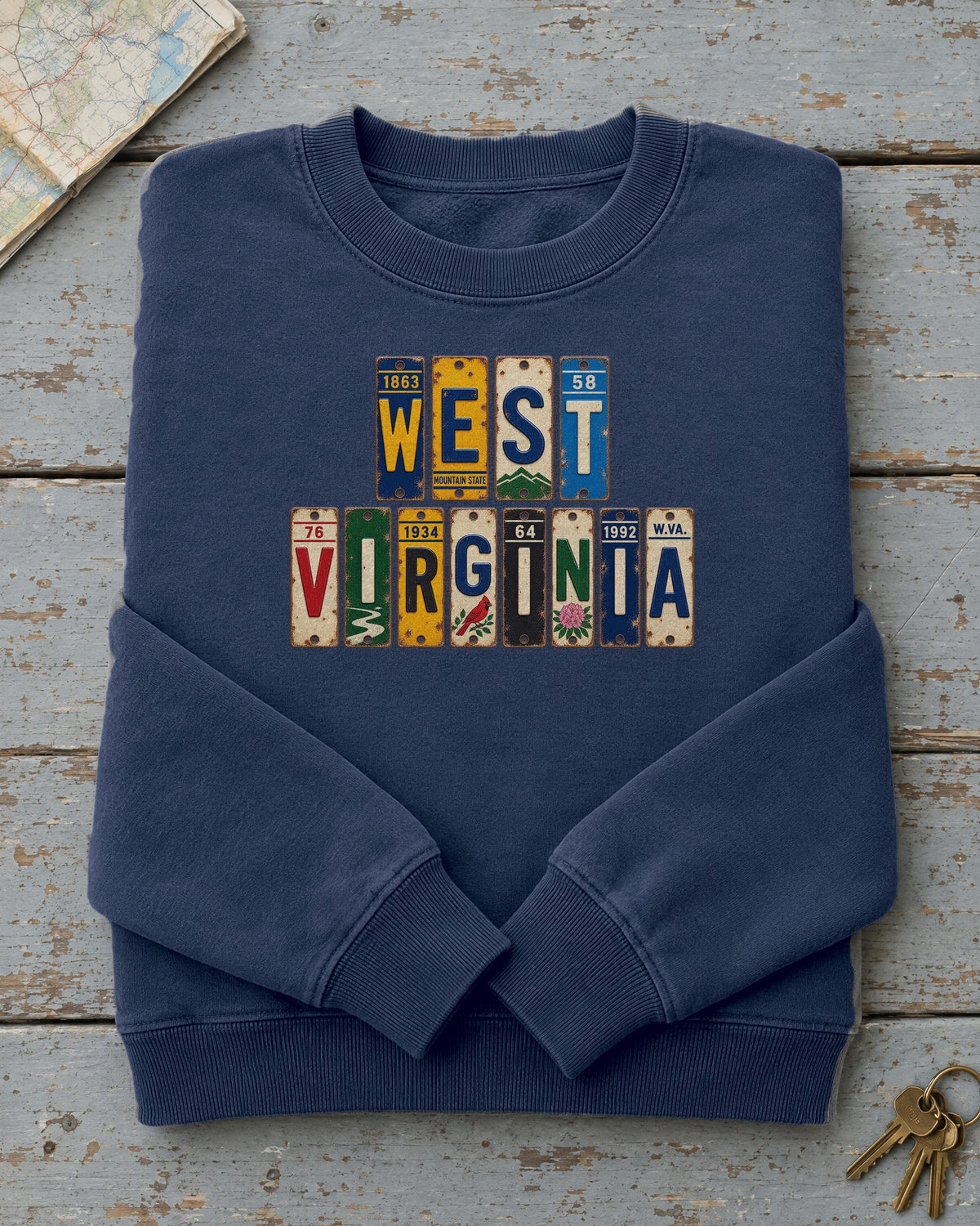 West Virginia vintage license plate sweatshirt in True Navy