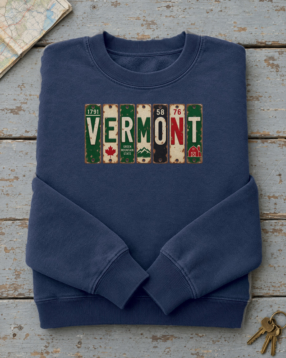 Vermont vintage license plate sweatshirt in True Navy