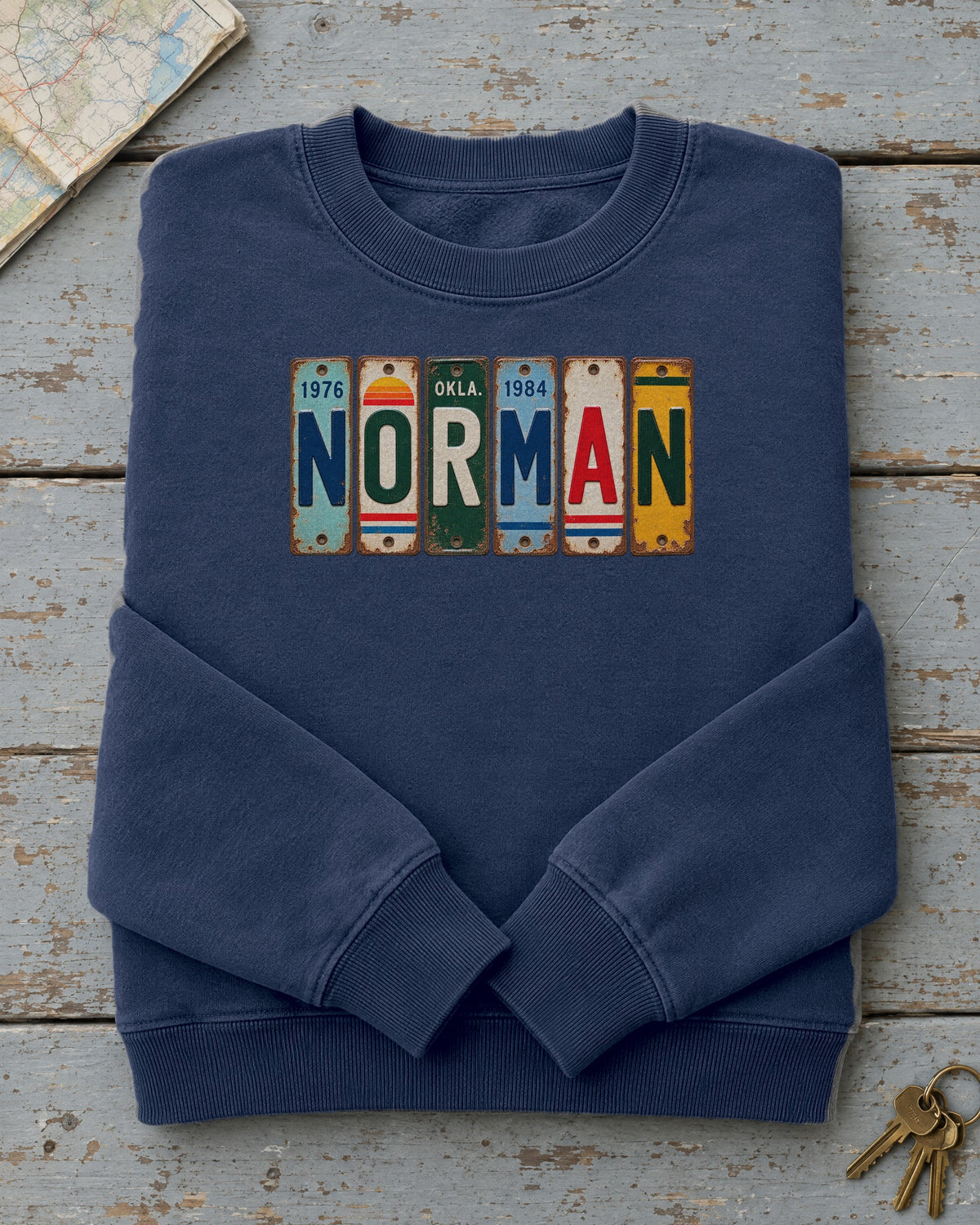 Norman, Oklahoma vintage license plate sweatshirt in True Navy
