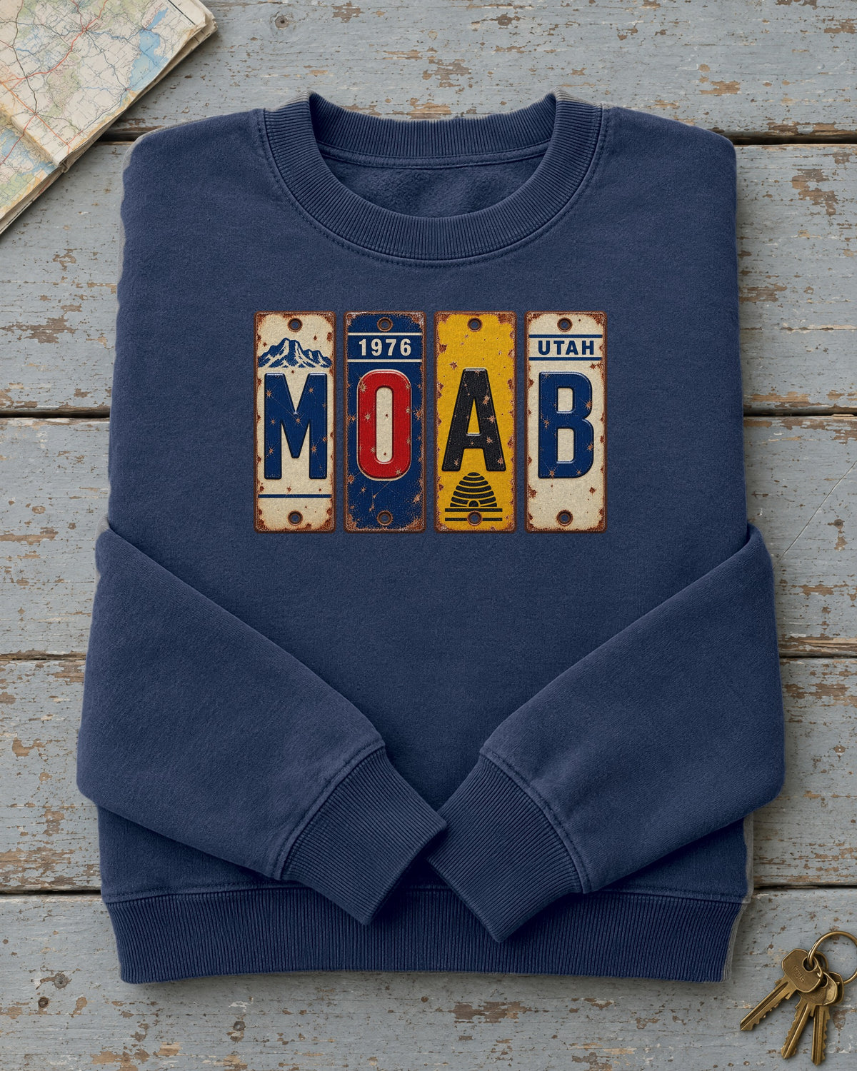 Moab, Utah vintage license plate sweatshirt in True Navy