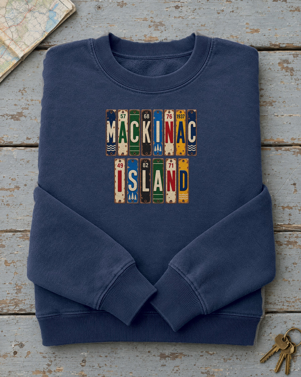Mackinac Island, Michigan vintage license plate sweatshirt in True Navy