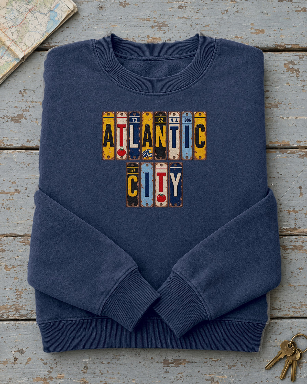 Atlantic City, New Jersey vintage license plate sweatshirt in True Navy