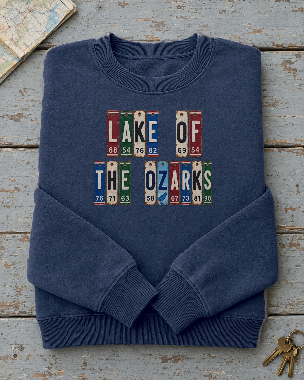 Lake of the Ozarks, Missouri vintage license plate sweatshirt in True Navy