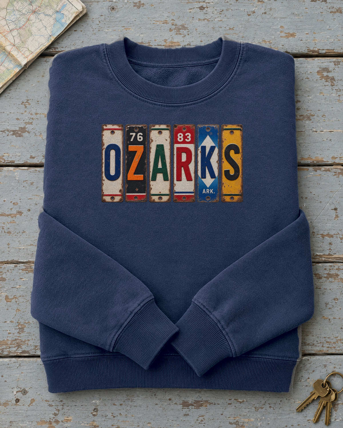 Ozarks, Arkansas vintage license plate sweatshirt in True Navy